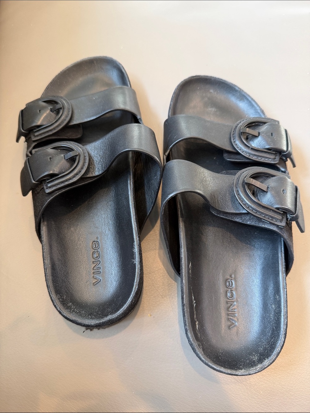 Vince Glyn Black Leather Double-Buckle Slide Sandals